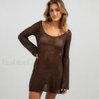 Long Sleeve Shirt Beach Cover Up BROWN / S