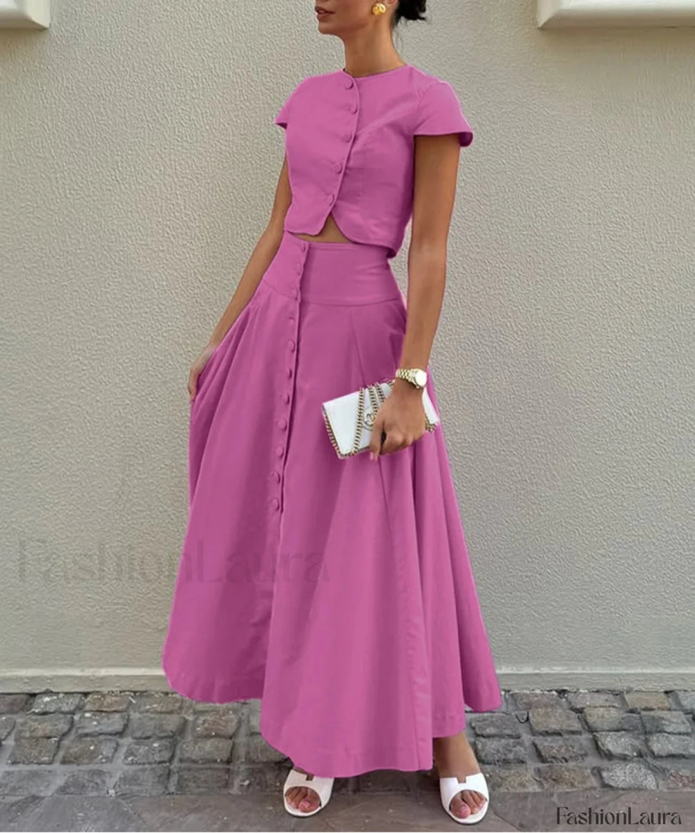 Loose Blue Cotton Crop Skirt Two Piece Set Pink / S