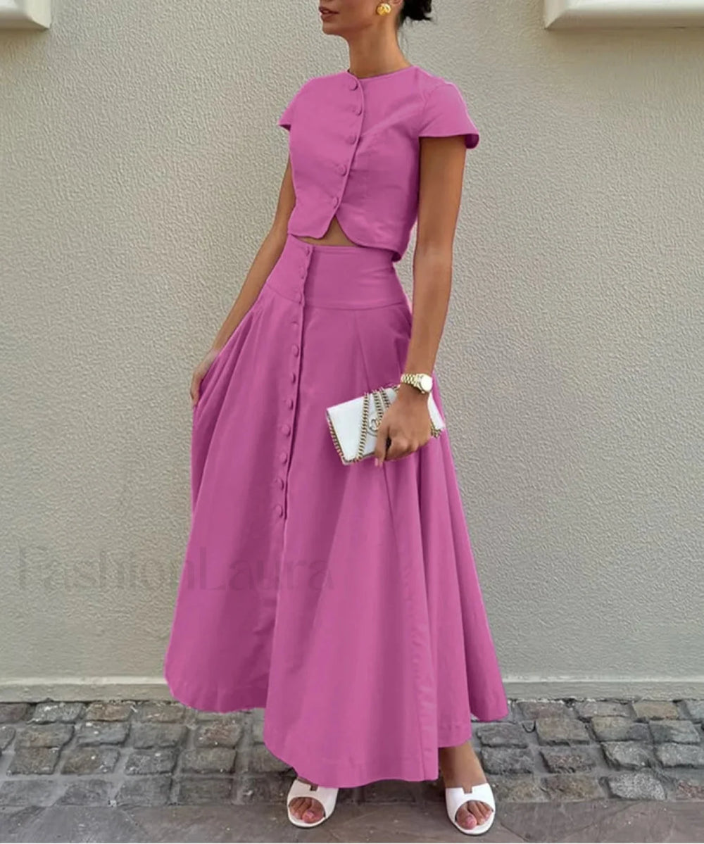 Loose Blue Cotton Crop Skirt Two Piece Set Pink / S