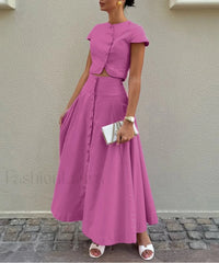 Loose Blue Cotton Crop Skirt Two Piece Set Pink / S