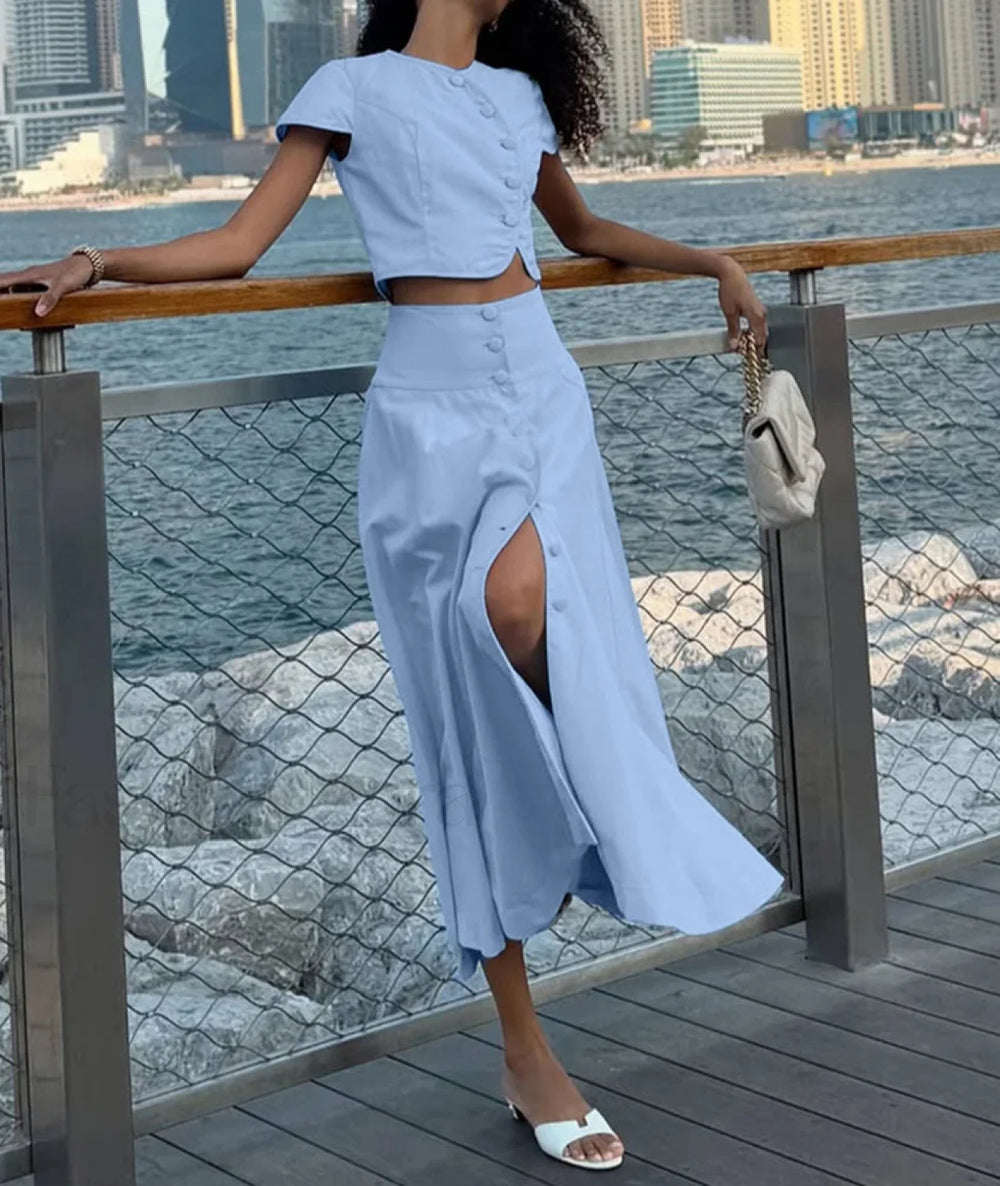 Loose Blue Cotton Crop Skirt Two Piece Set Blue / S