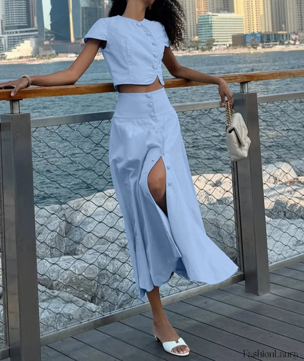 Loose Blue Cotton Crop Skirt Two Piece Set Blue / S