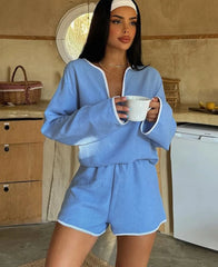 Loose Blue Cotton Long Sleeve Shirt High Waist Shorts Two Piece Set Blue / S