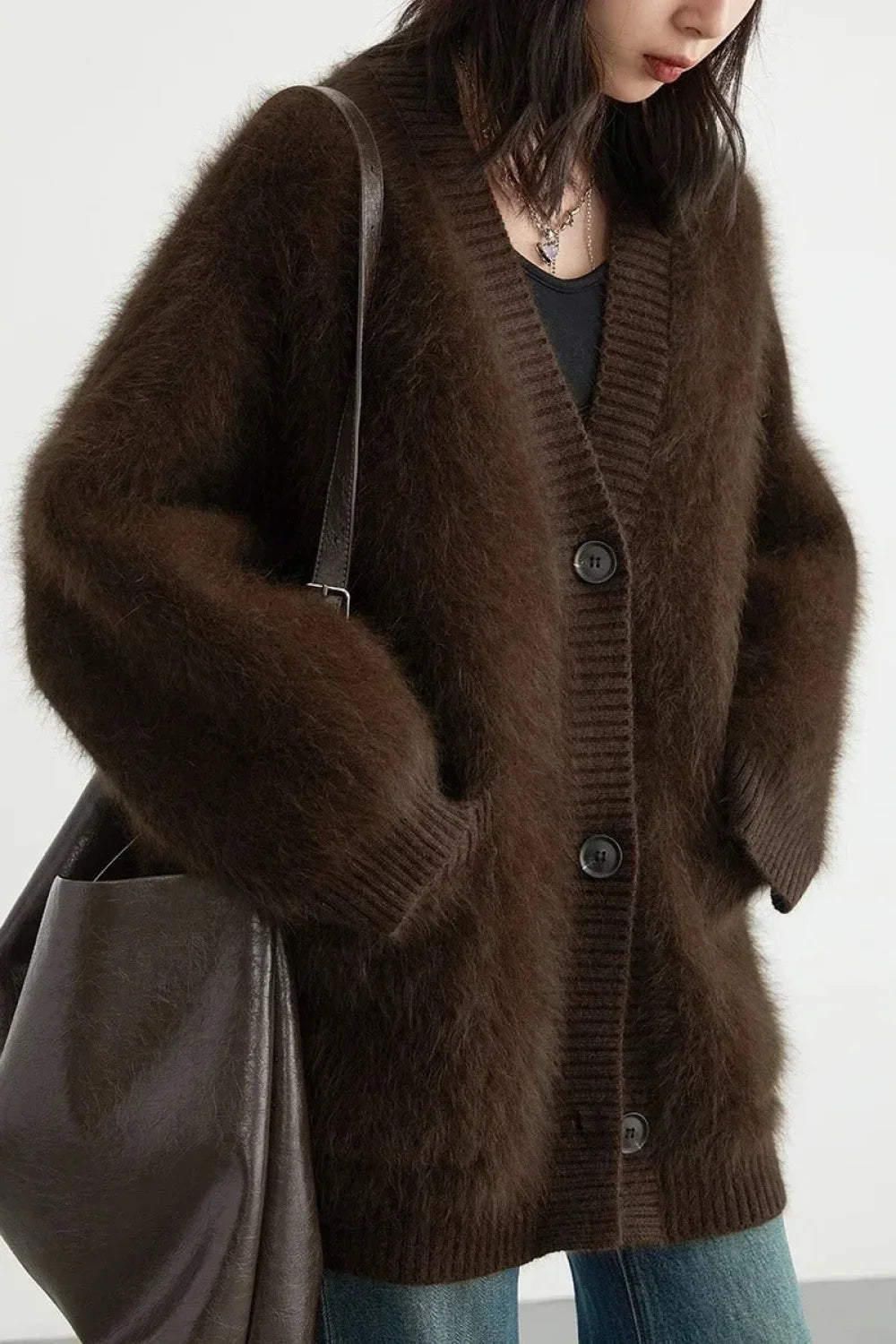 Loose Fit Rabbit Hair Knit Cardigan