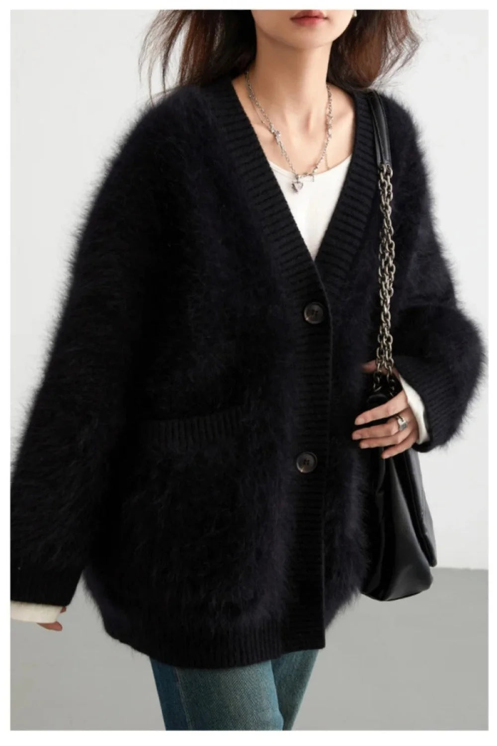 Loose Fit Rabbit Hair Knit Cardigan