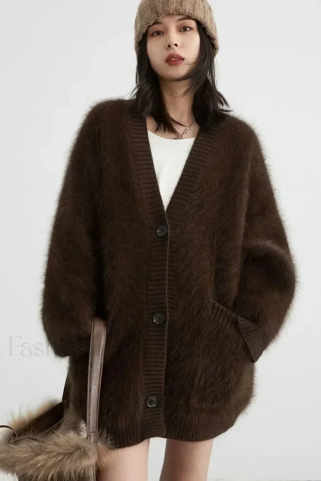 Loose Fit Rabbit Hair Knit Cardigan Coffee / S Main image