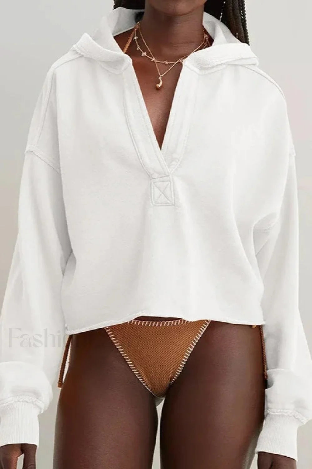 Loose Fit V Neck Hooded Hoodie White / S