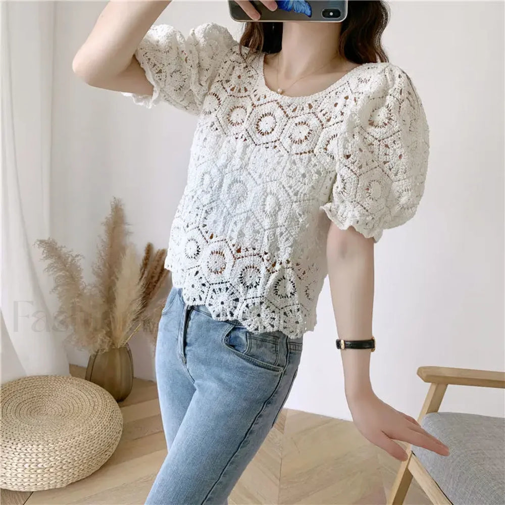 Loose Hollow out Crocheted Puff Short Sweater Blouse