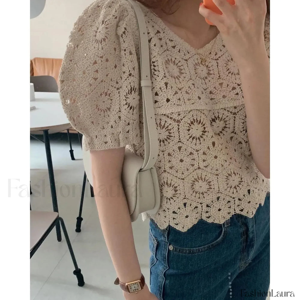 Loose Hollow out Crocheted Puff Short Sweater Blouse