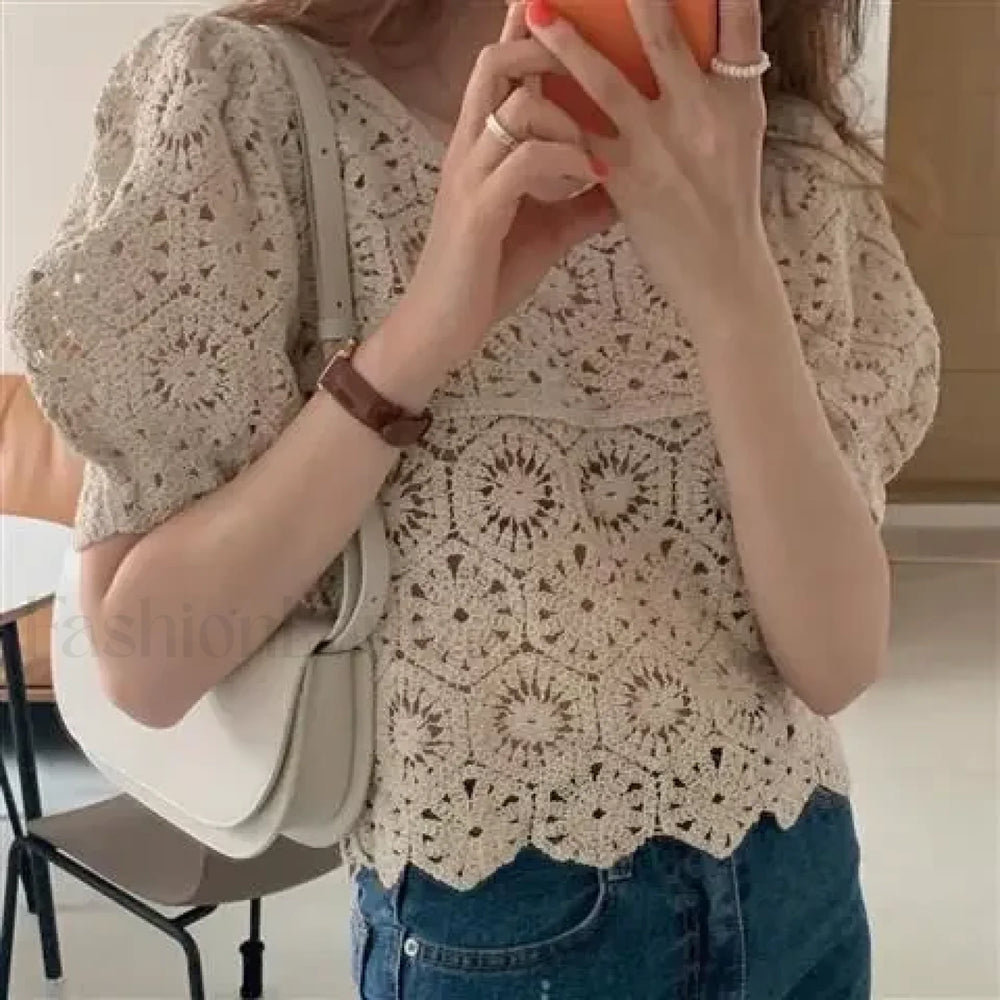 Loose Hollow out Crocheted Puff Short Sweater Blouse Apricot / One Size