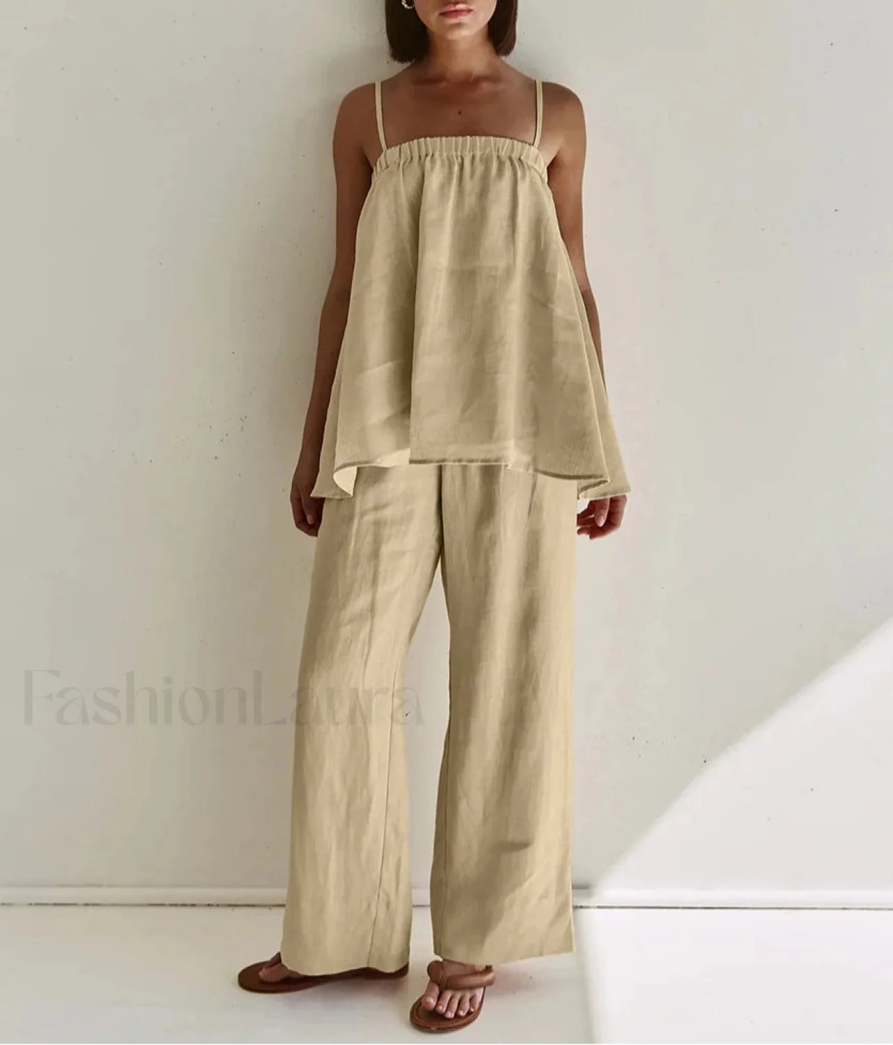 Loose Khaki Cotton Tank Pants Two Piece Set Khaki / S Main image