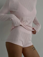Loose Long Sleeve Knitted Shorts Two Piece Set
