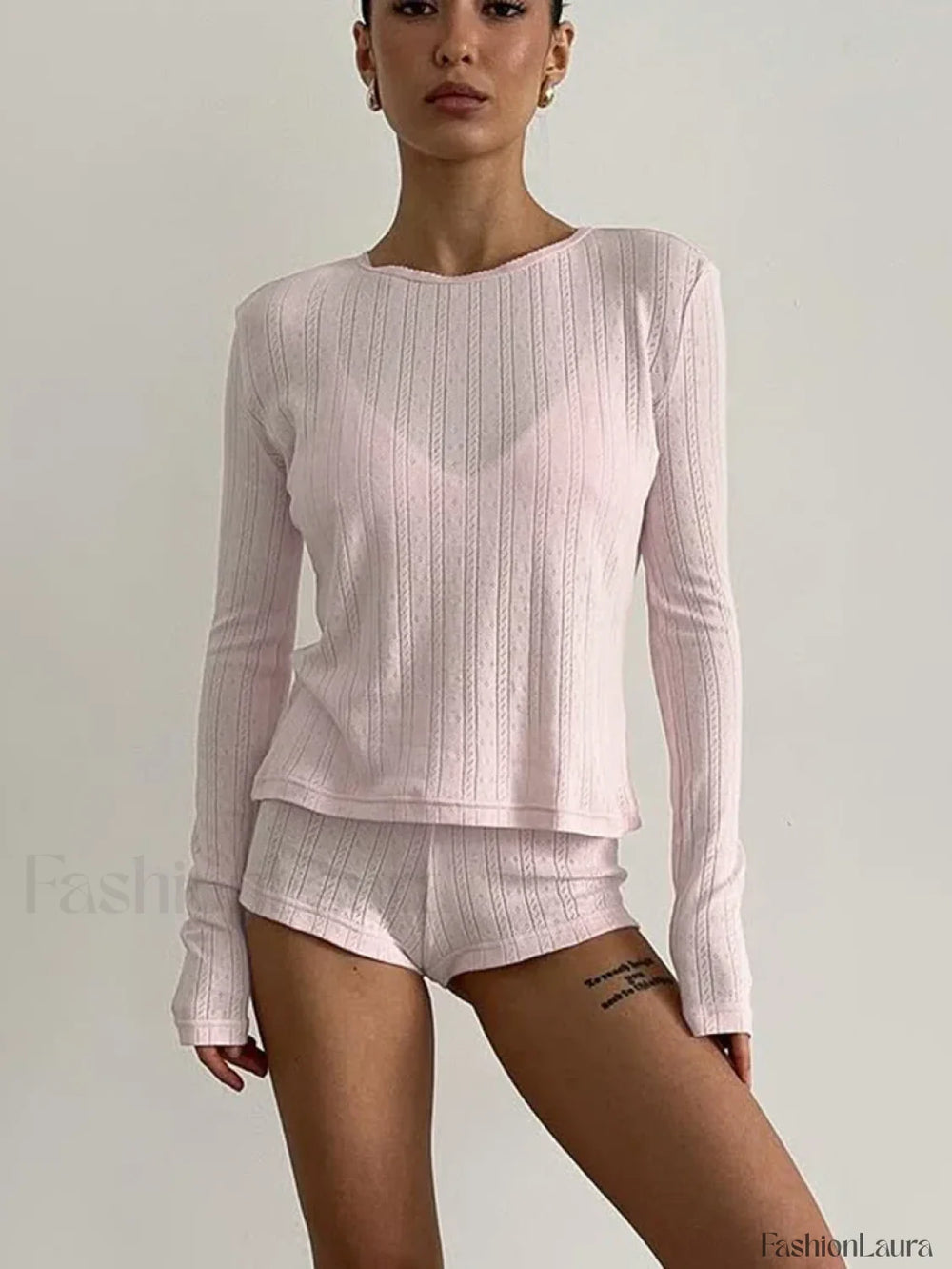 Loose Long Sleeve Knitted Shorts Two Piece Set Pink / S