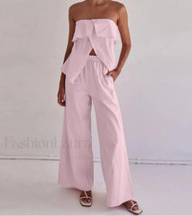Loose Pink Cotton Tank Pants Two Piece Set