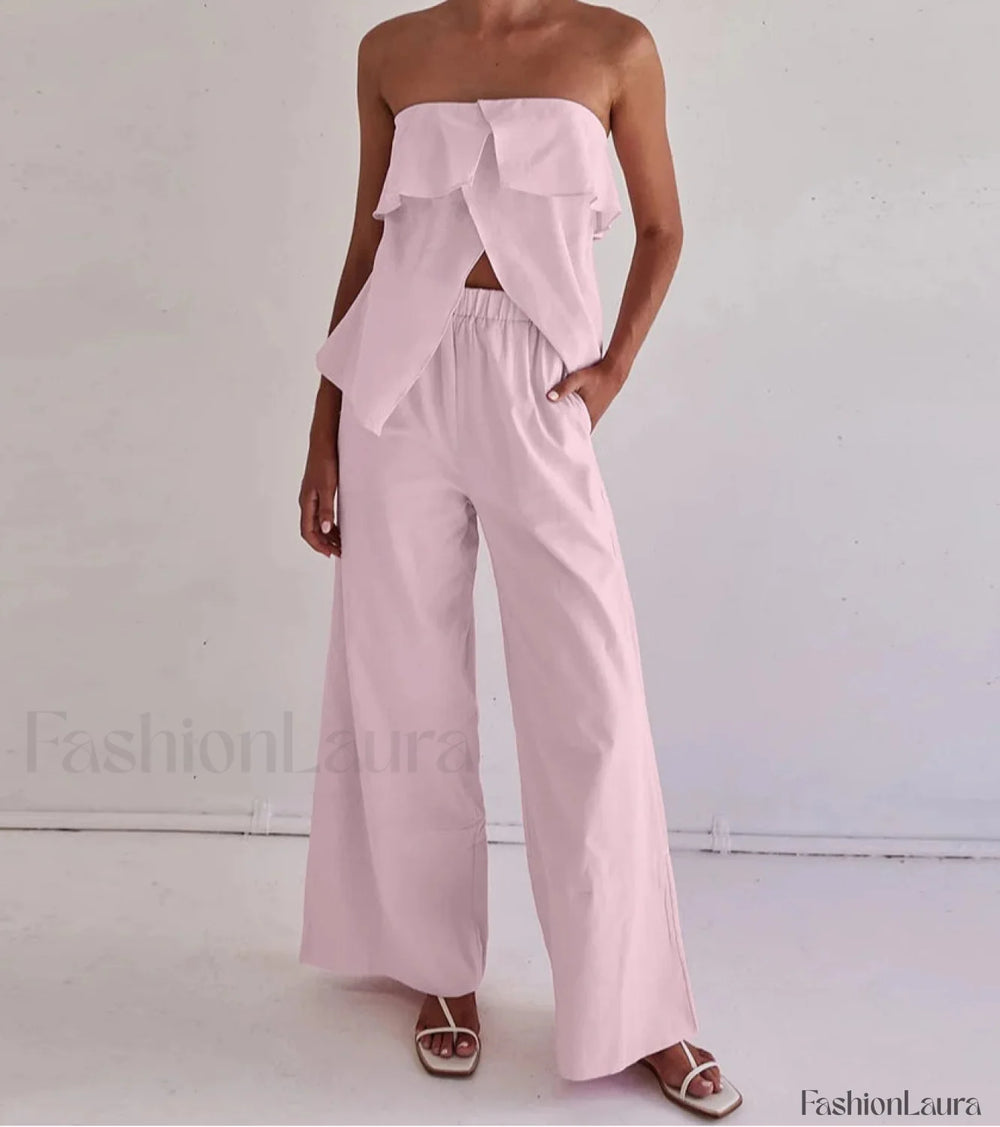 Loose Pink Cotton Tank Pants Two Piece Set