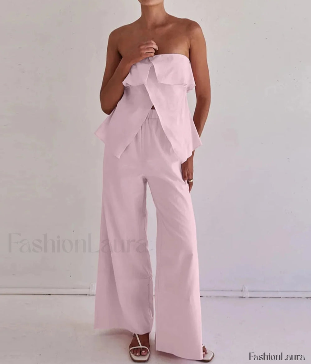 Loose Pink Cotton Tank Pants Two Piece Set Pink / S