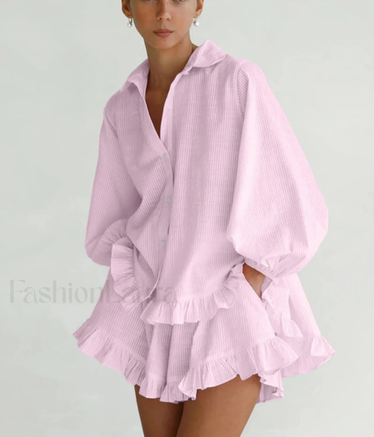 Loose Pink Stripe Ruffle Shorts Two Piece Set Secondary image