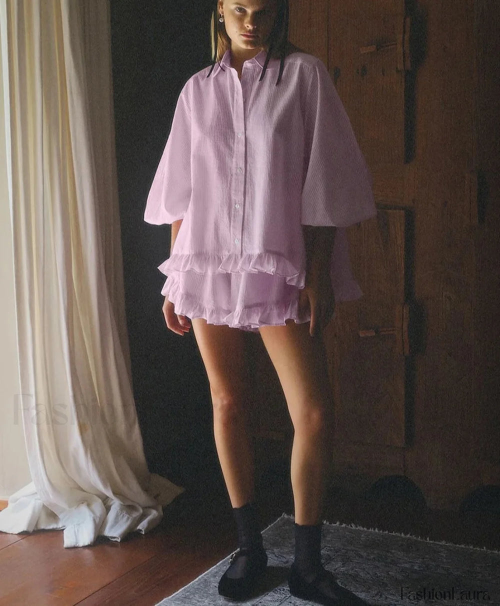 Loose Pink Stripe Shirt High Waist Ruffle Shorts Two Piece Set