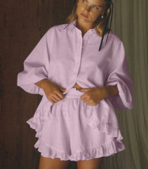 Loose Pink Stripe Shirt High Waist Ruffle Shorts Two Piece Set