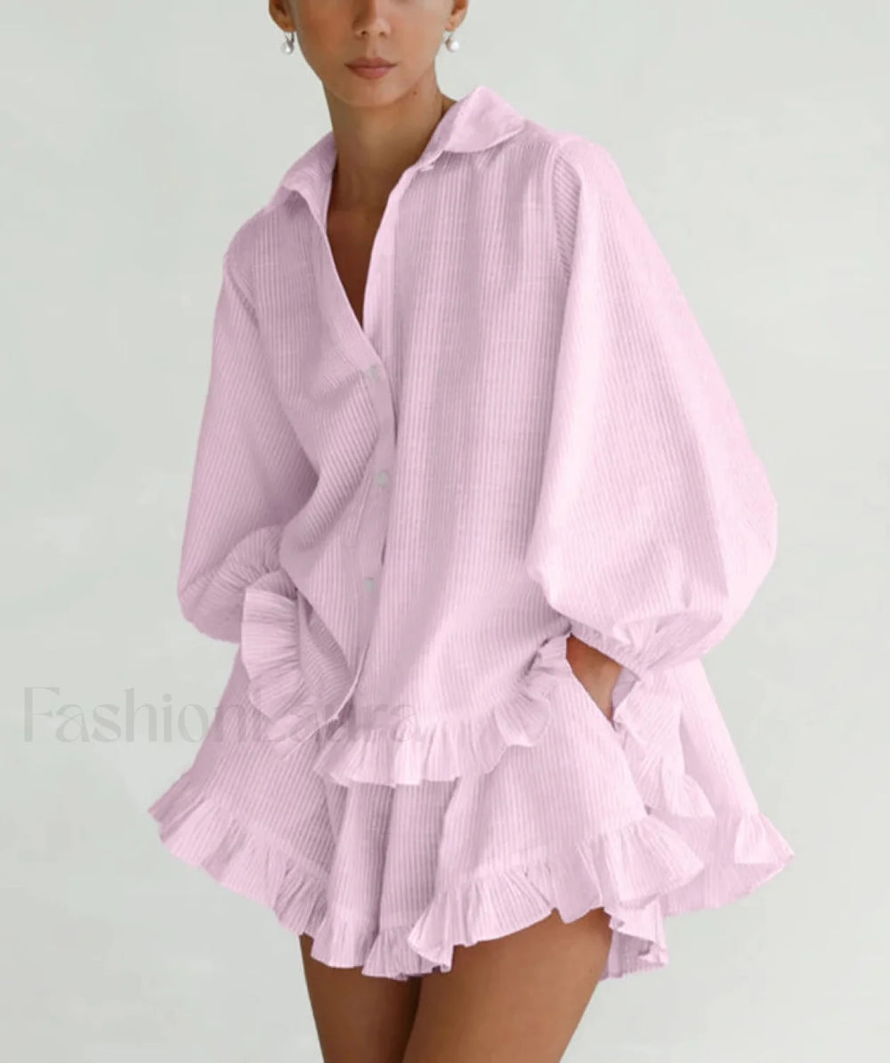 Loose Pink Stripe Shirt High Waist Ruffle Shorts Two Piece Set Pink / S