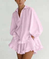 Loose Pink Stripe Shirt High Waist Ruffle Shorts Two Piece Set Pink / S