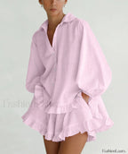 Loose Pink Stripe Shirt High Waist Ruffle Shorts Two Piece Set Pink / S