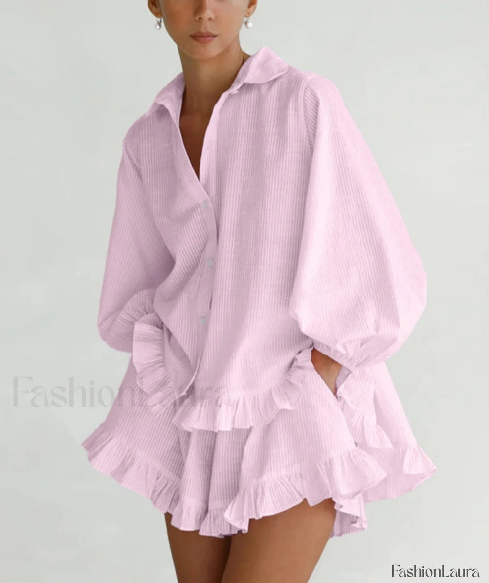 Loose Pink Stripe Shirt High Waist Ruffle Shorts Two Piece Set Pink / S