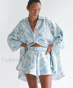 Loose Print Shirt Shorts Two Piece Set Blue / S