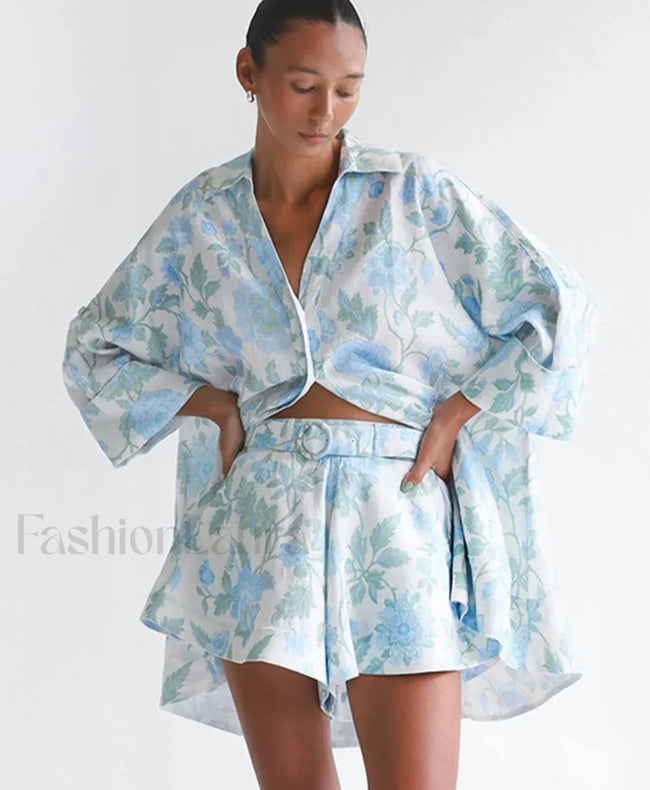 Loose Print Shirt Shorts Two Piece Set Blue / S Main image