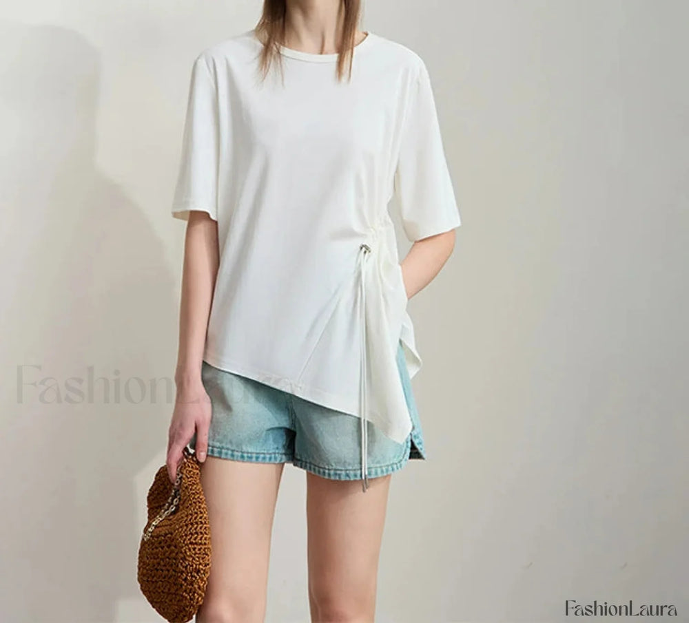 Loose Round Neck Summer T Shirt Beige / S
