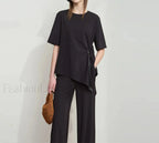 Loose Round Neck Summer T Shirt Black / S