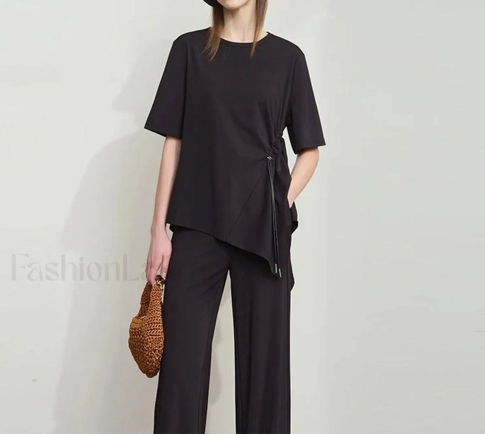 Loose Round Neck Summer T Shirt Black / S