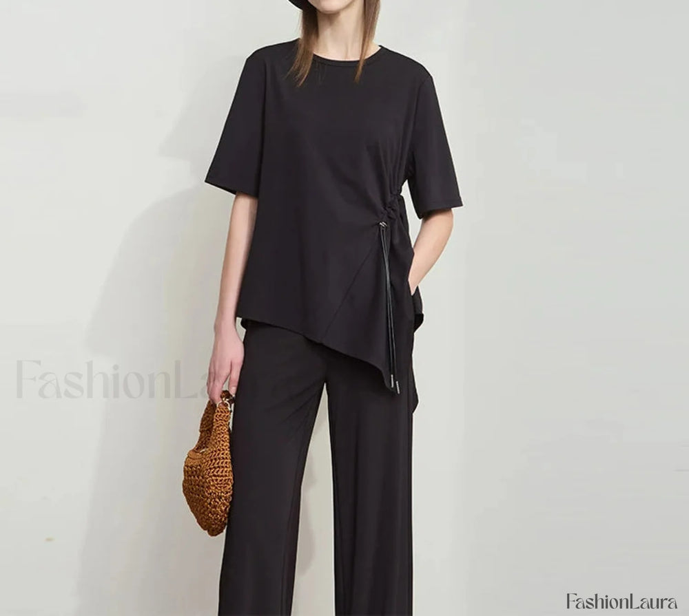 Loose Round Neck Summer T Shirt Black / S