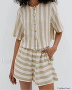 Loose Stripe Shirt Shorts Two Piece Set APRICOT / S
