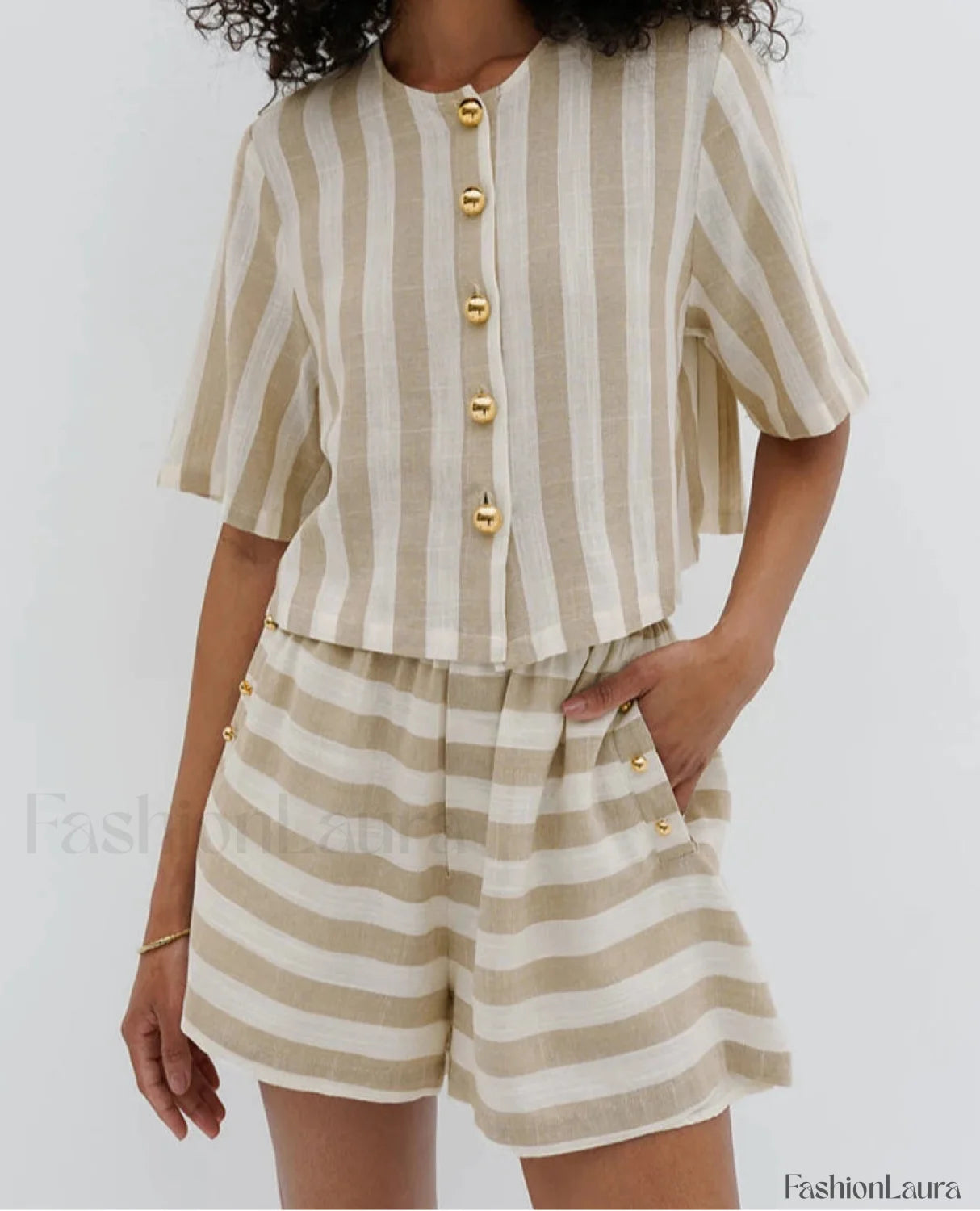 Loose Stripe Shirt Shorts Two Piece Set APRICOT / S