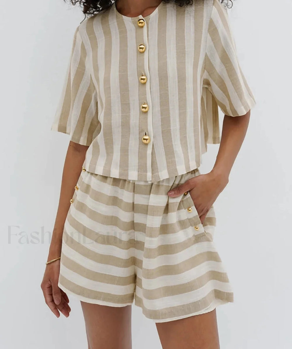 Loose Striped Shirt High Waist Shorts Two Piece Set