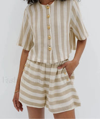 Loose Striped Shirt High Waist Shorts Two Piece Set APRICOT / S