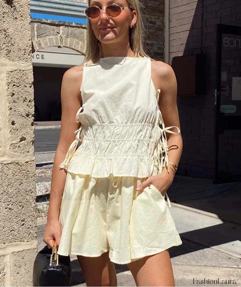 Loose Yellow Cotton Tank Top High Waist Shorts Two Piece Set Yellow / S