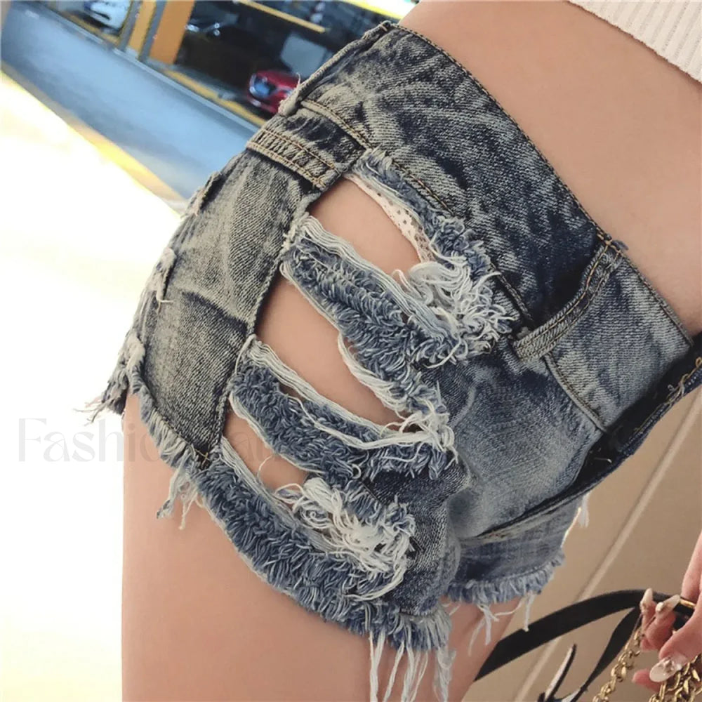 Low Waist Bandage Ripped Hole Denim Shorts