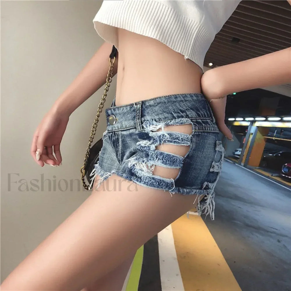 Low Waist Bandage Ripped Hole Denim Shorts