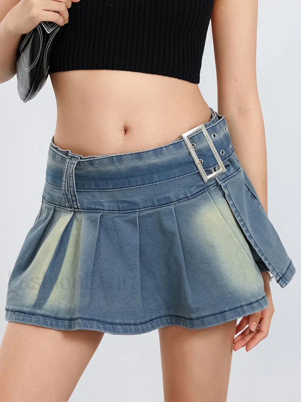 Low Waist Denim Pleated Streetwear Skirt