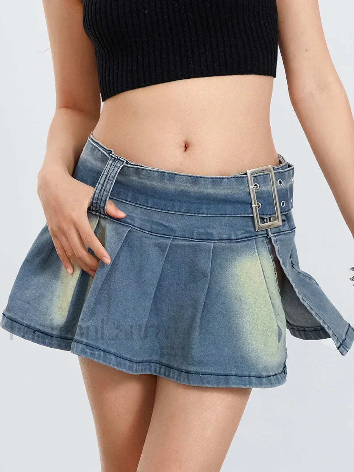 Low Waist Denim Pleated Streetwear Skirt Blue / S Main image