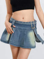 Low Waist Denim Pleated Streetwear Skirt Blue / S