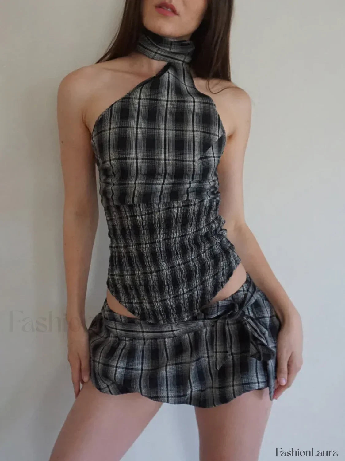 Low Waist Print Bubble Skirt Two Piece Set Dark Grey / S