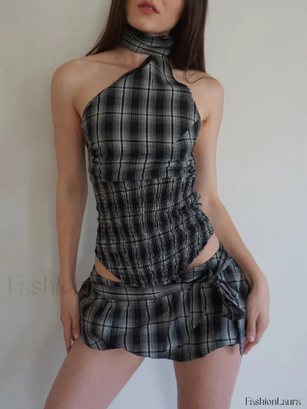 Low Waist Print Bubble Skirt Two Piece Set Dark Grey / S