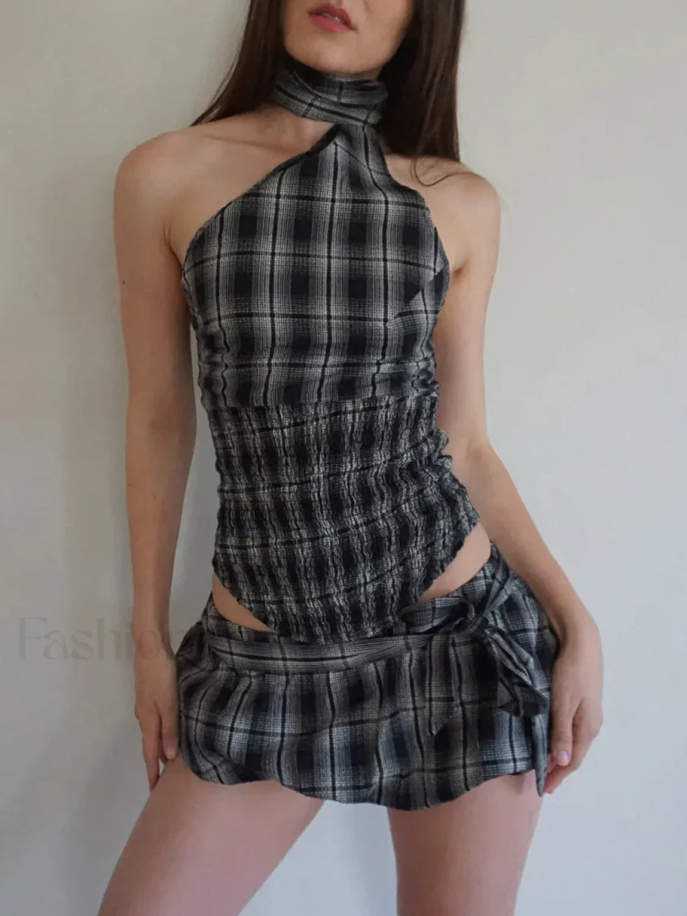 Low Waist Print Bubble Skirt Two Piece Set Dark Grey / S