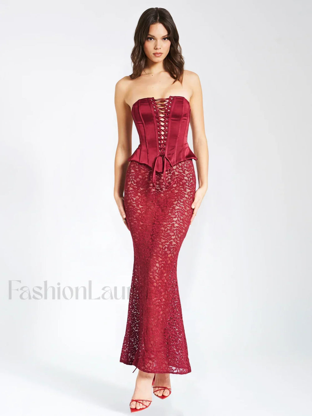 Lucinda Burgundy Satin Charming Lace Corset Maxi Dress Dresses