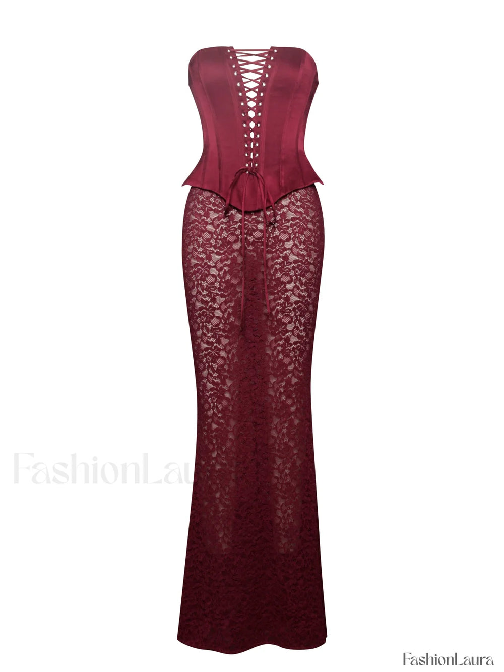 Lucinda Burgundy Satin Charming Lace Corset Maxi Dress Dresses