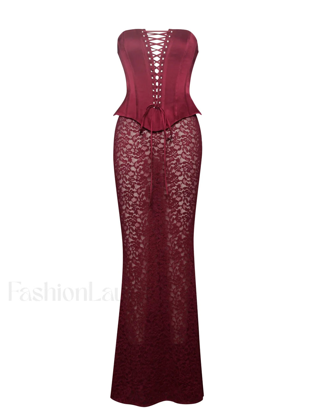 Lucinda Burgundy Satin Charming Lace Corset Maxi Dress Dresses