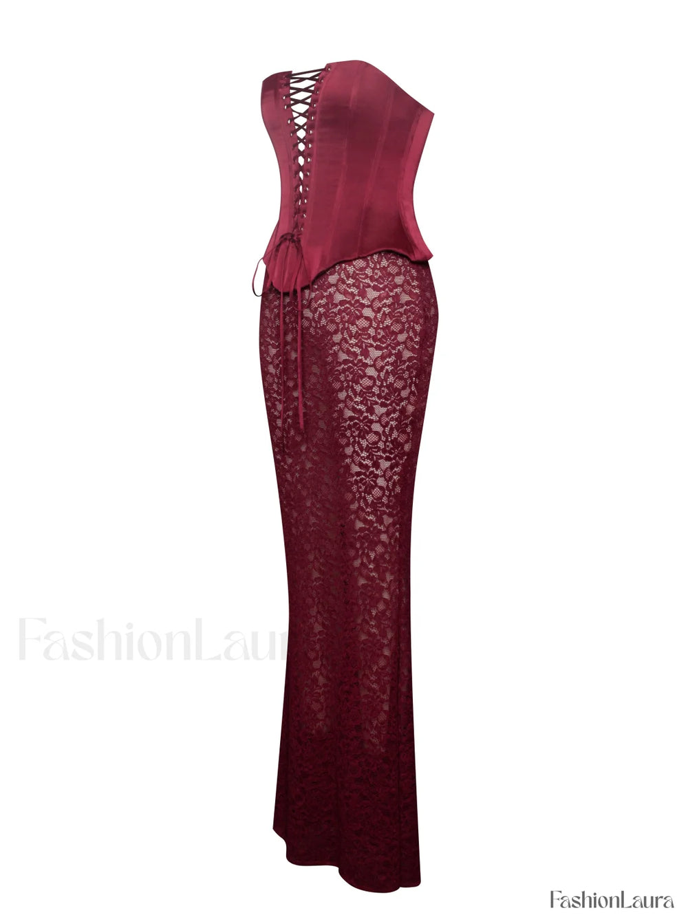 Lucinda Burgundy Satin Charming Lace Corset Maxi Dress Dresses